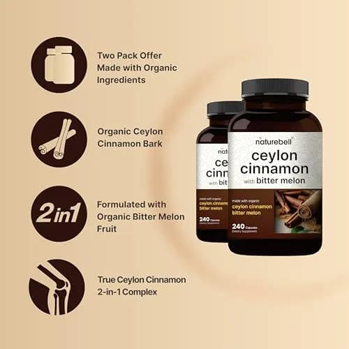 NatureBell 2 Pack Ceylon Cinnamon with Bitter Melon | Organic Sri Lanka & India Blend, 240 Capsules thumbnail 3