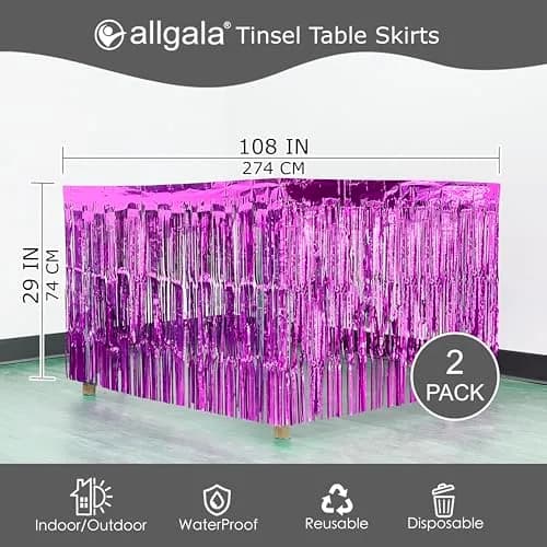 allgala Fuchsia Tinsel Table Skirt 2-Pack 216 Inch (549 cm) Length | Metallic Foil Fringe for Parties thumbnail 3