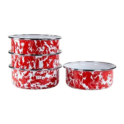 Golden Rabbit Enamelware Soup Bowls with Lids 14oz | Vibrant Red Swirl, Set of 4 thumbnail 1