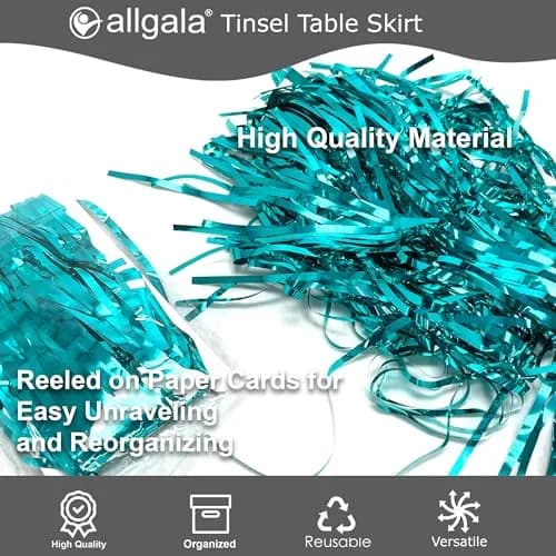 Allgala Turquoise Metallic Foil Fringe Tinsel Table Skirt 2-Pack 216 Inch (18 Ft) Total Length | Party & Event Decor thumbnail 3