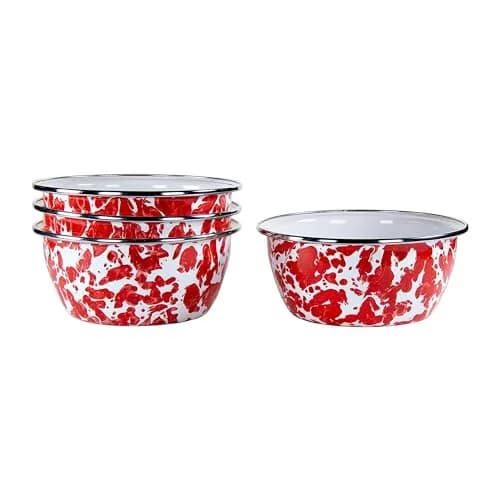 Golden Rabbit Red Swirl Enamelware Salad Bowls Set of 4 (946ml / 24oz) | Handcrafted Indonesian Quality thumbnail 1