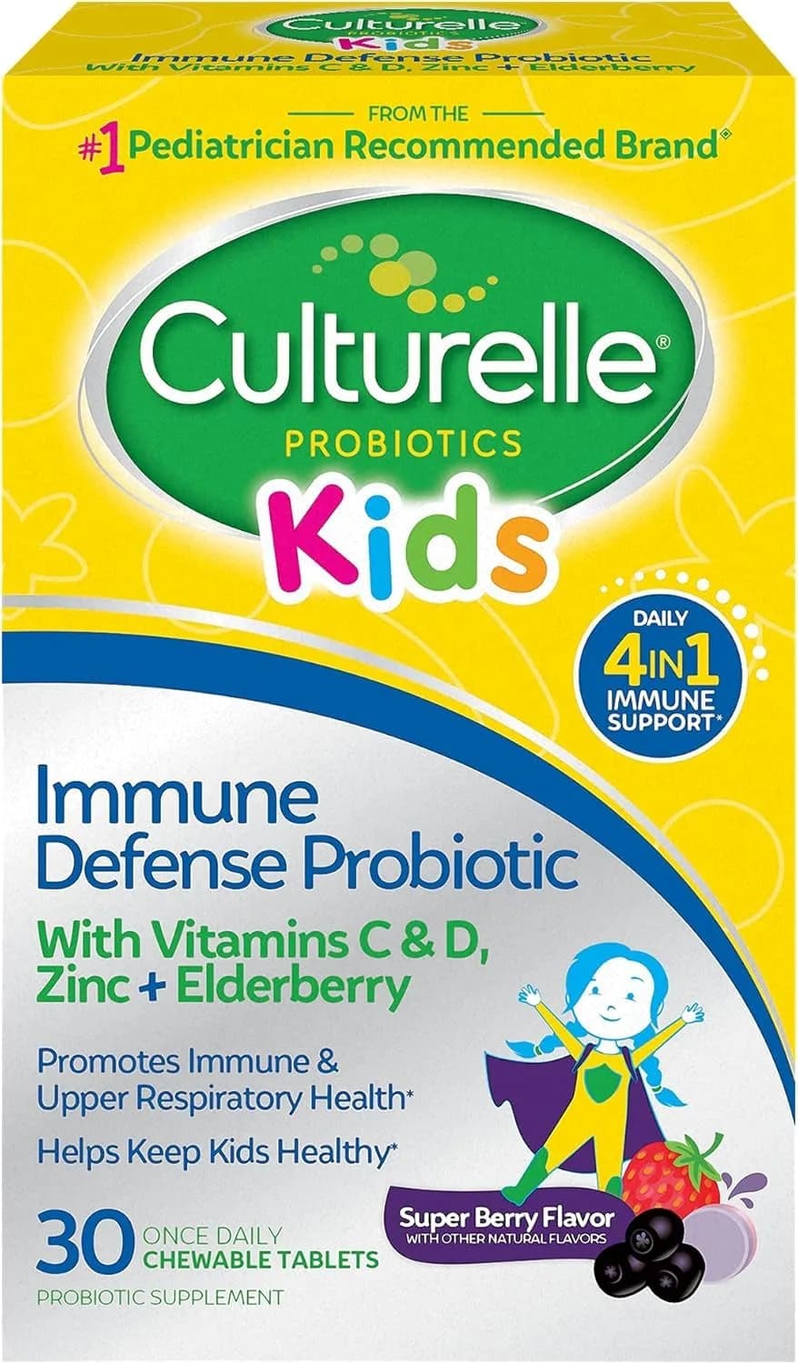 Culturelle Kids Daily Immune Defense Probiotic Chewables Ages 3+ 30 Count | 5 Billion CFU Probiotic, Vitamins C & D, Zinc, Elderberry