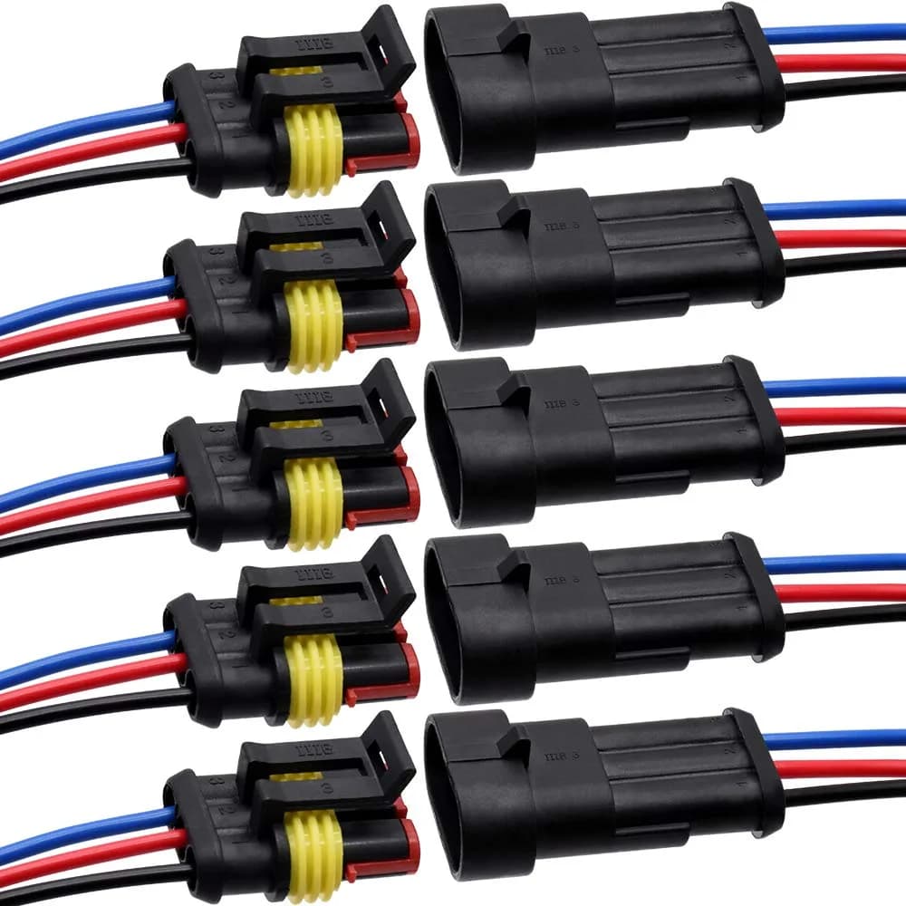 G 3 Pin Waterproof Connector 16AWG Electrical Male Female Wire Plugs (5 Sets, Black) | IP67 Rated for Automotive & Marine Wiring — 3 PIN