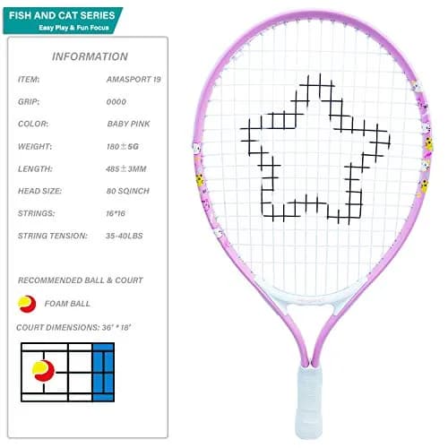 AMA SPORT 19 inch Kids Tennis Racket | Aluminum Frame, 80 sq in Head Size, 4 inch Grip thumbnail 2