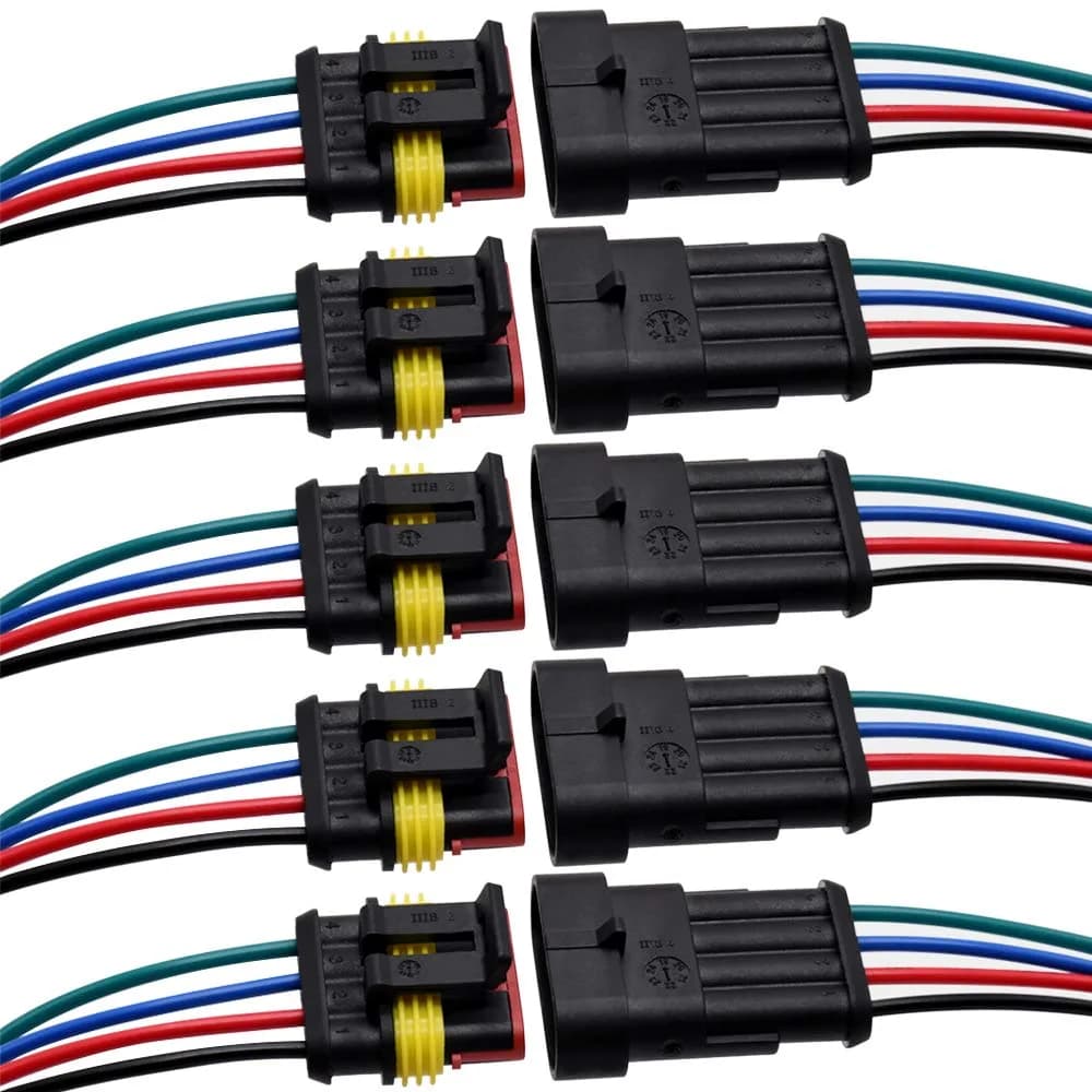 G 3 Pin Waterproof Connector 16AWG Electrical Male Female Wire Plugs (5 Sets, Black) | IP67 Rated for Automotive & Marine Wiring — 4 PIN