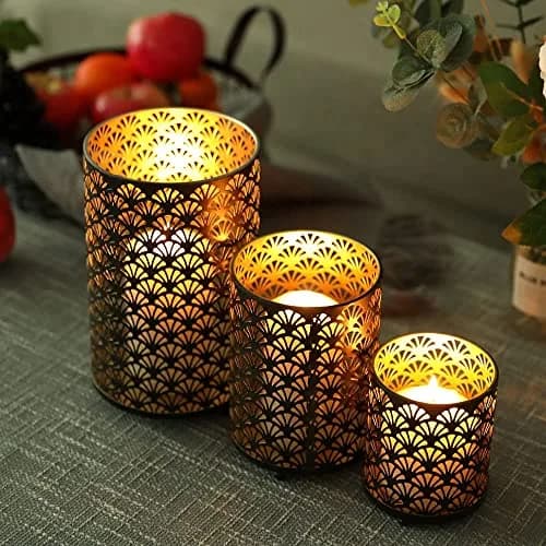 JHY DESIGN Set of 3 Metal Candle Holders Bronze Hurricane Pillar Candlestick Vintage Table Decor thumbnail 5