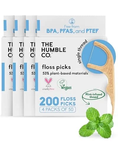 The Humble Co. Mint Dental Floss Picks Single Thread 200 Count | Plant-Based Materials, Shred-Resistant Thread thumbnail 1