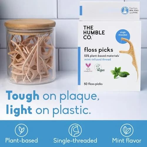 The Humble Co. Mint Dental Floss Picks Single Thread 200 Count | Plant-Based Materials, Shred-Resistant Thread thumbnail 2