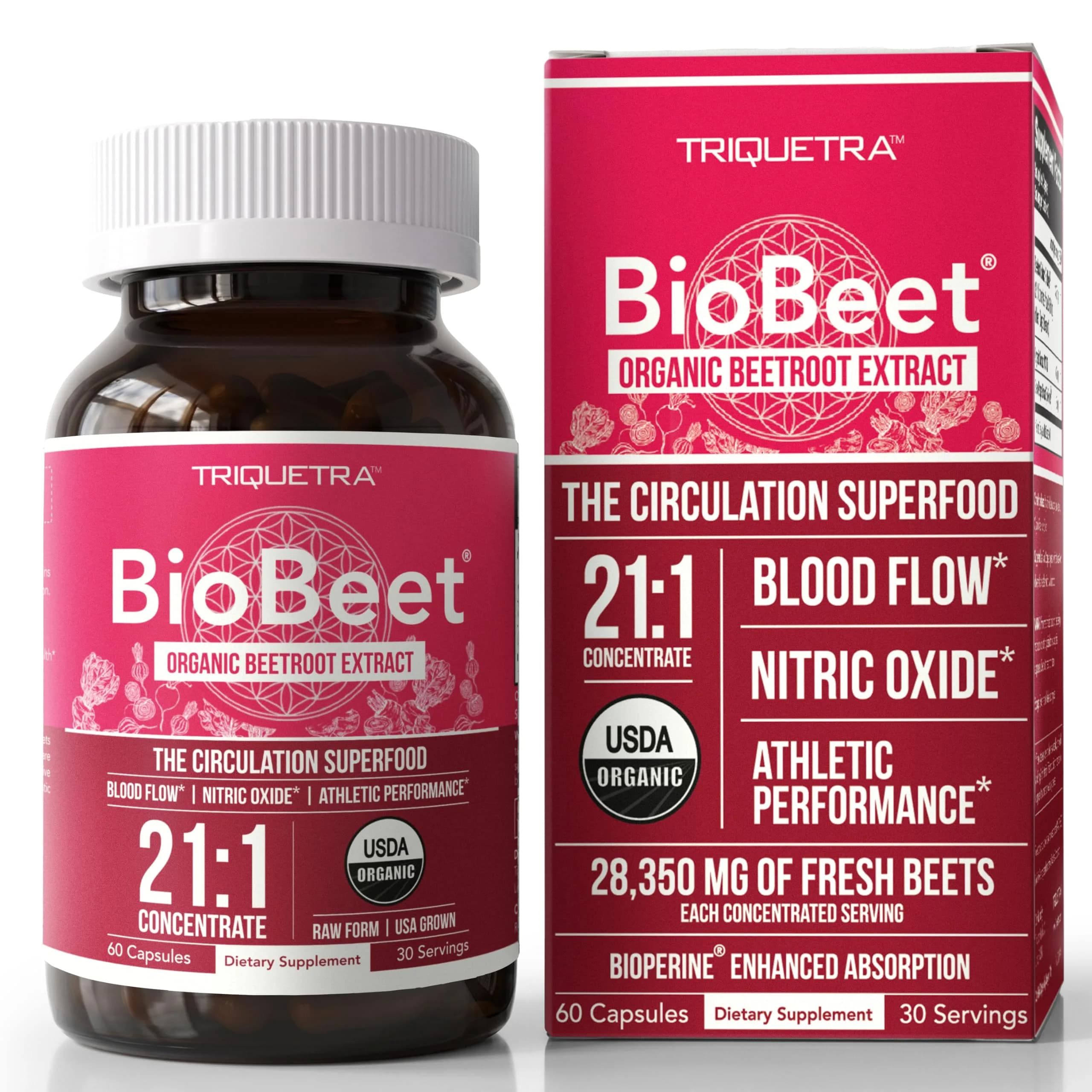 Triquetra Health BioBeet Organic Beet Root Capsules + BioPerine, 21:1 Concentrate Supplement | Max Strength, Supports Blood Flow & Nitric Oxide, 28350mg Organic Beetroot, Vegan, 60 Capsules