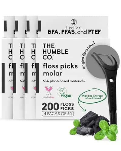 The Humble Co. Molar Floss Picks Charcoal 200 Count | Plant-Based & Shred-Resistant thumbnail 1