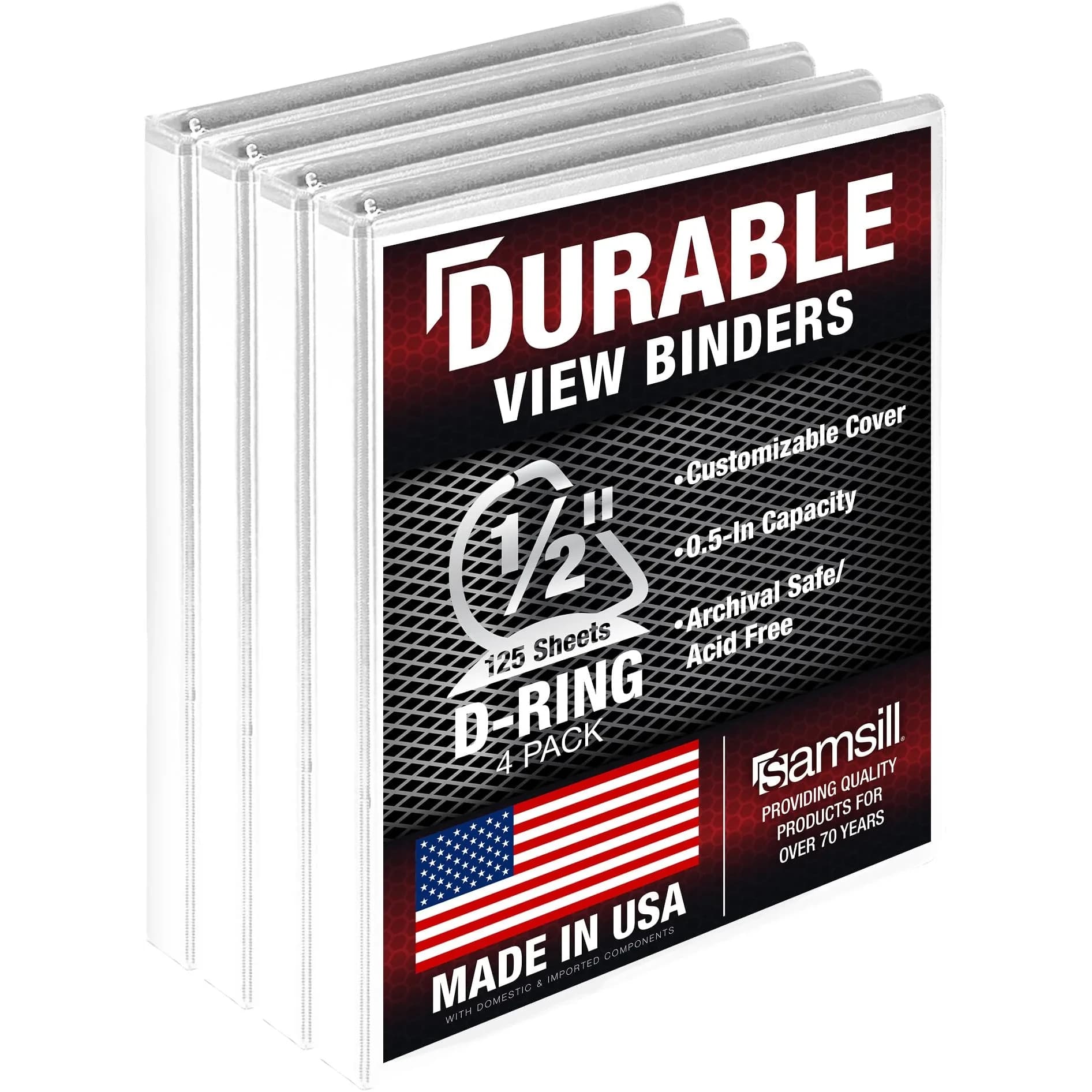 Samsill 0.5 Inch D-Ring Binder, White, 4 Pack | Holds 125 Pages, Recycled Chipboard, Clear View Cover