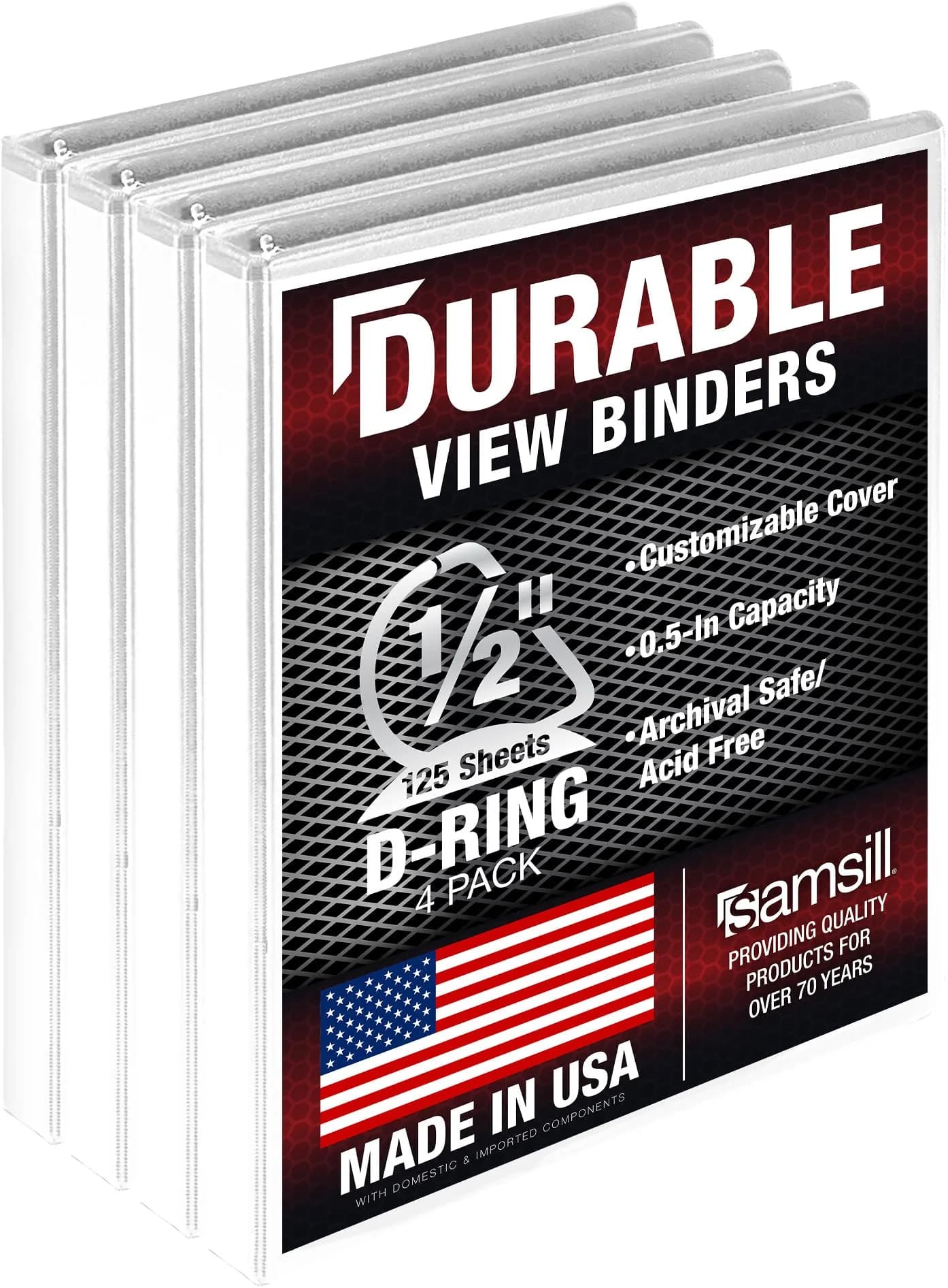 Samsill 0.5 Inch D-Ring Binder, White, 4 Pack | Holds 125 Pages, Recycled Chipboard, Clear View Cover — 0.5 in