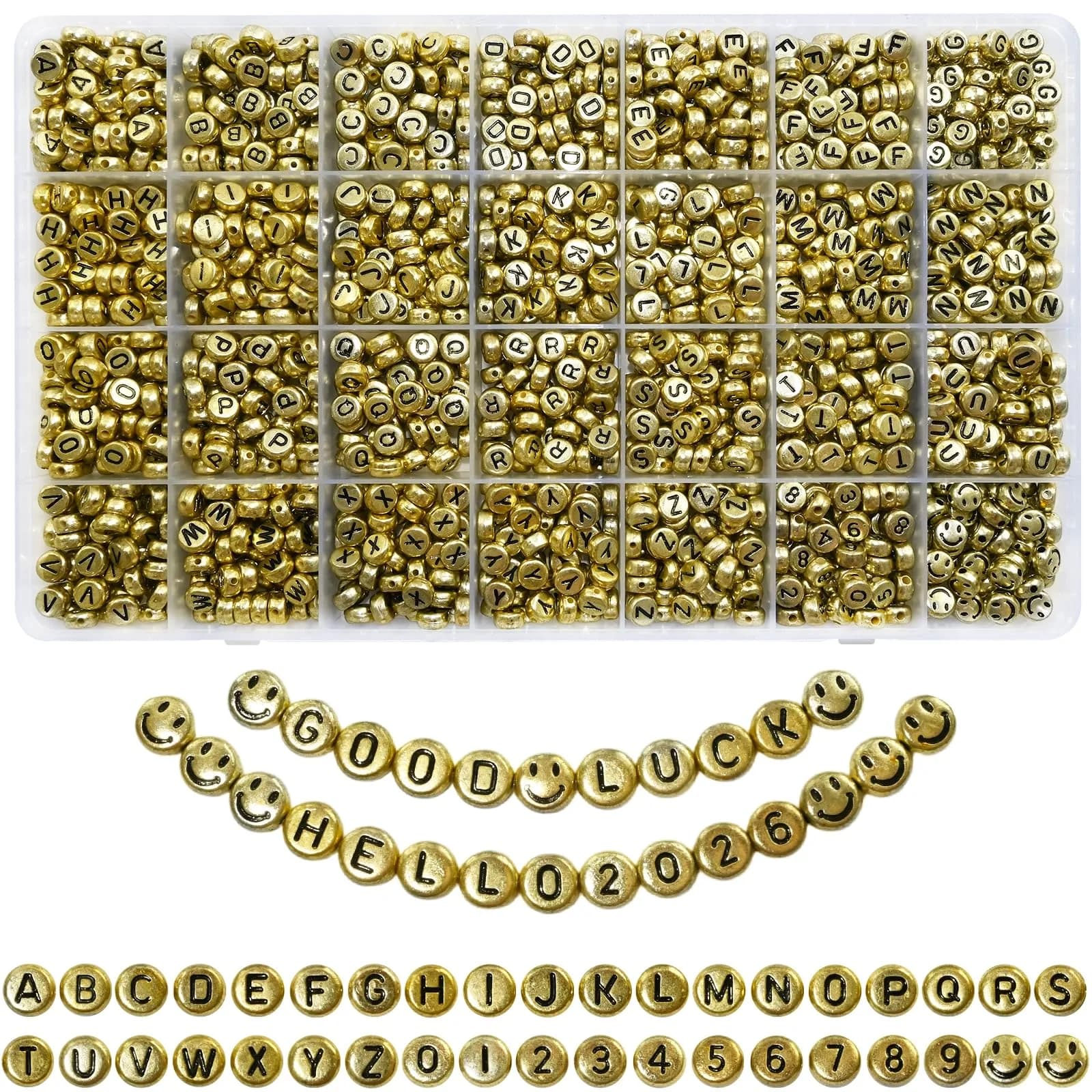 Looconi Gold Letter Beads 1400pcs 7x4mm Round Acrylic Alphabet & Number | Craft Beads for Jewelry Making