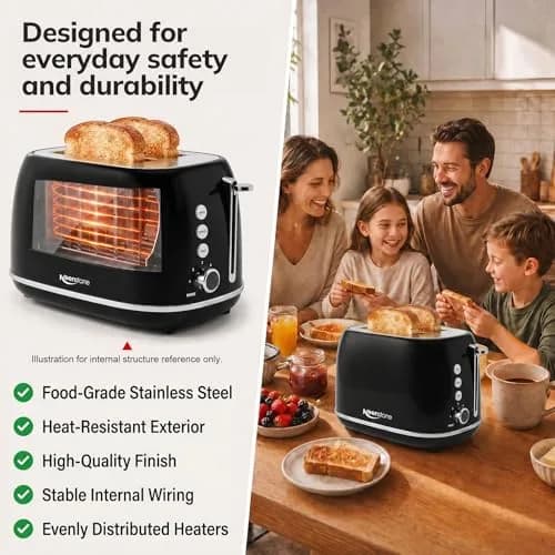 Keenstone Retro 2 Slice Toaster Black 20.3 cm (8 in) | Wide Slot Bagel Defrost Function thumbnail 3