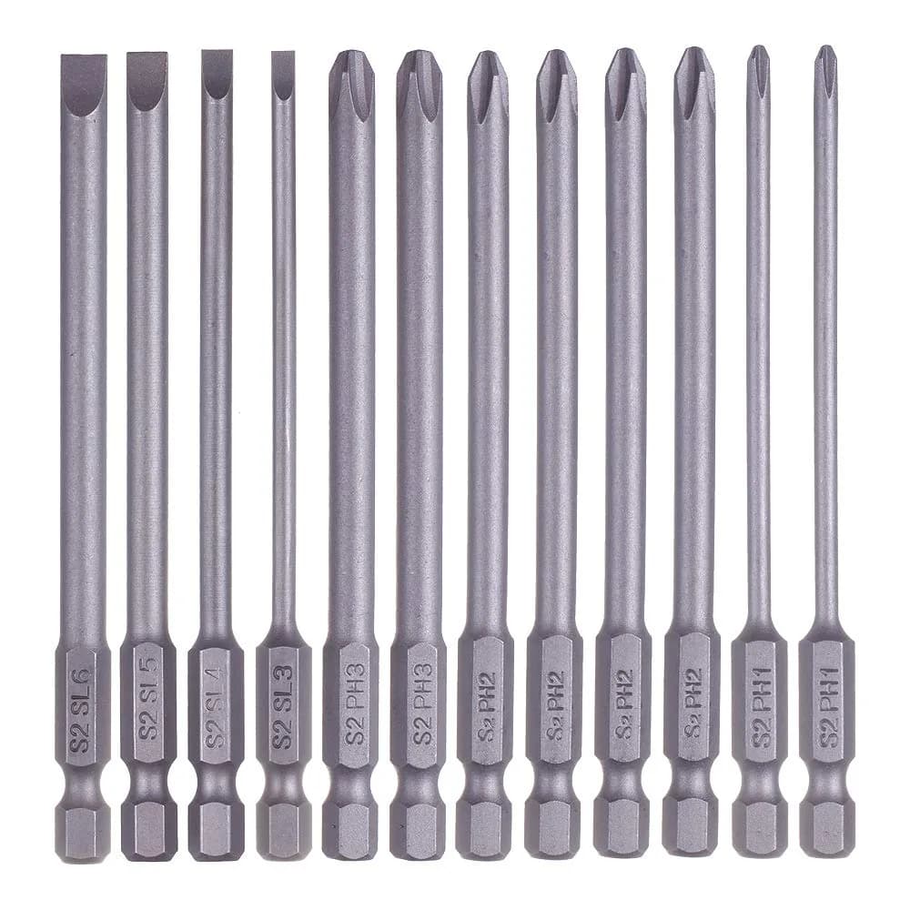 Rocaris 12 Pack 100mm (3.93") Hex Shank Magnetic Screwdriver Bits Set | S2 Steel, Slotted & Cross Head — 12Pcs(Slotted+Cross)