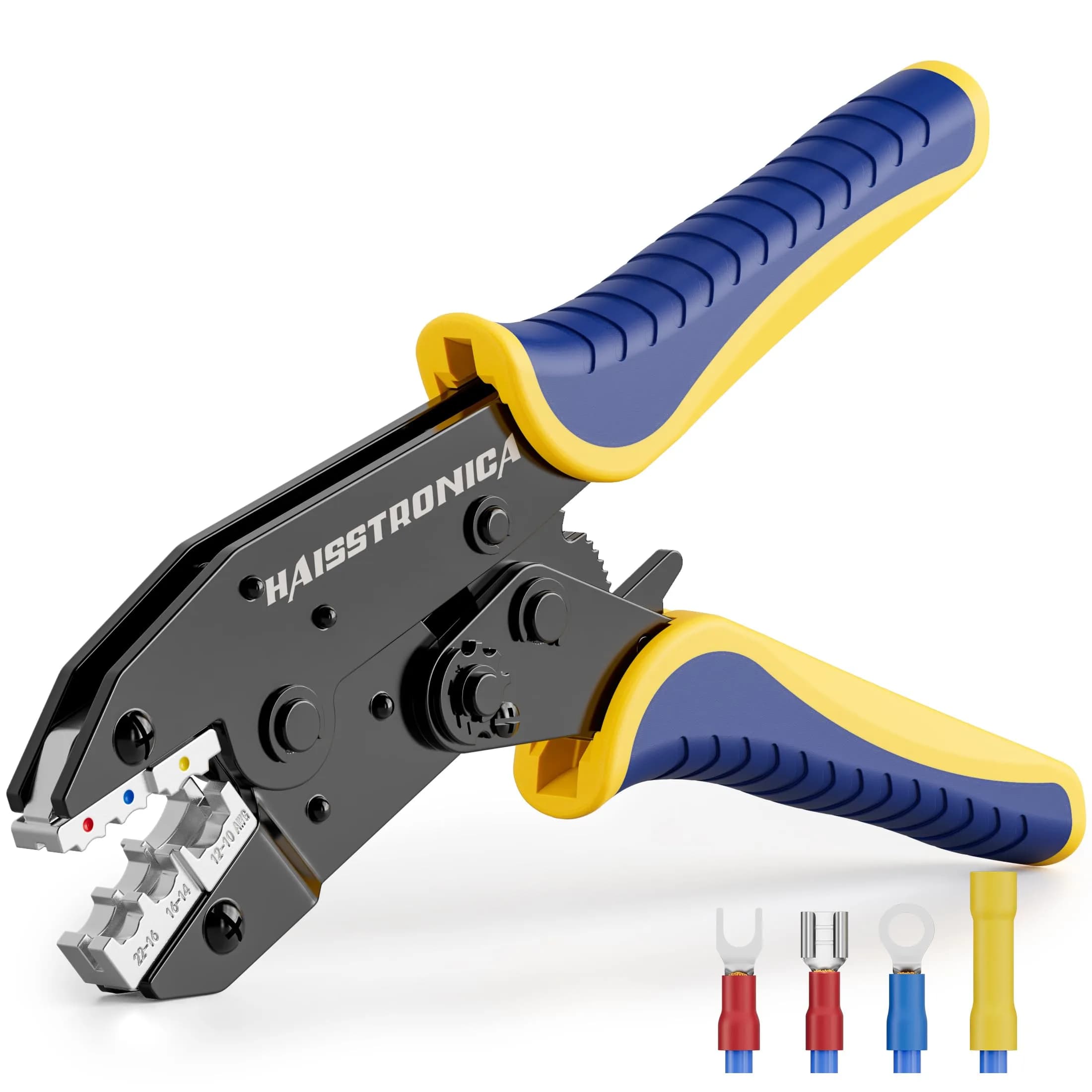 haisstronica Ratchet Crimping Tool for Insulated Terminals, AWG 22-10, 230mm (9 inch) | Professional Wire Crimper with Adjustable Star Wheel
