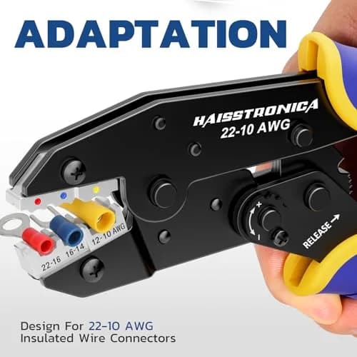 haisstronica Ratchet Crimping Tool for Insulated Terminals, AWG 22-10, 230mm (9 inch) | Professional Wire Crimper with Adjustable Star Wheel thumbnail 3
