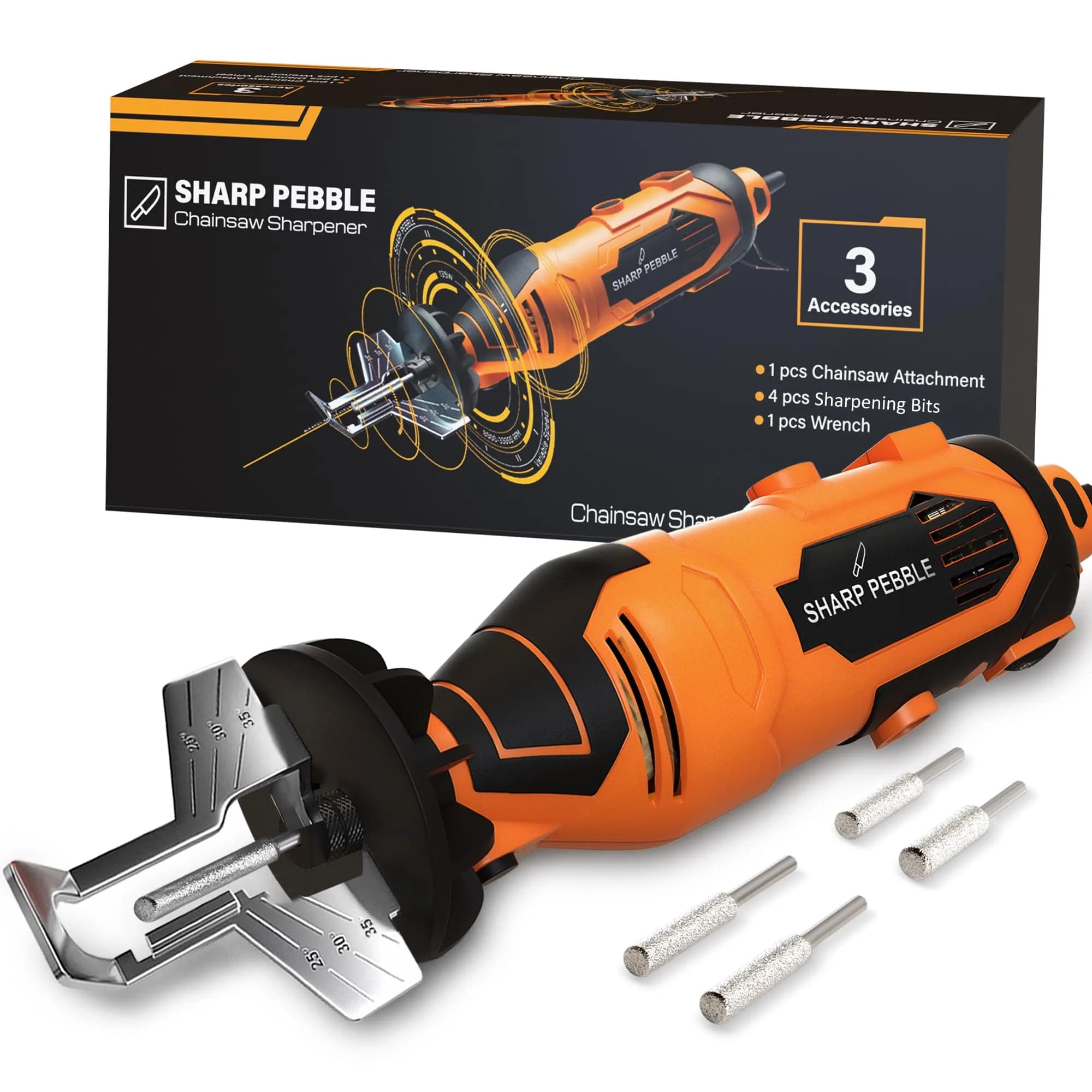Sharp Pebble Electric Chainsaw Sharpener Kit 120V | 4 File Sizes, Angle Guide, Wrench & eBook - main product image
