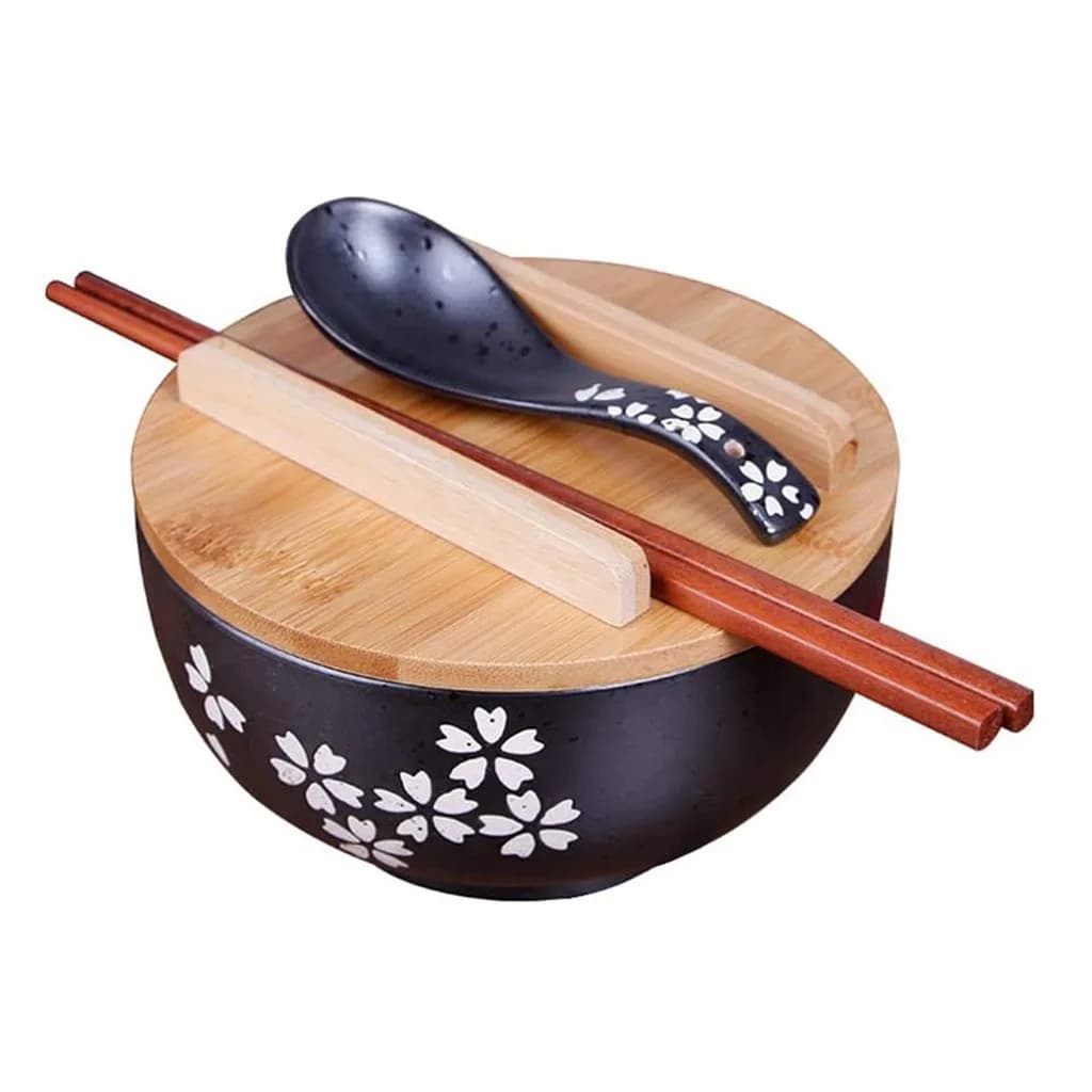Cereal Bowls Japanese Ramen Noodle Bowl Set with Lid, Spoon & Chopsticks - 1000ml (33.8 Fl Oz) - Black Cherry Pattern - main product image