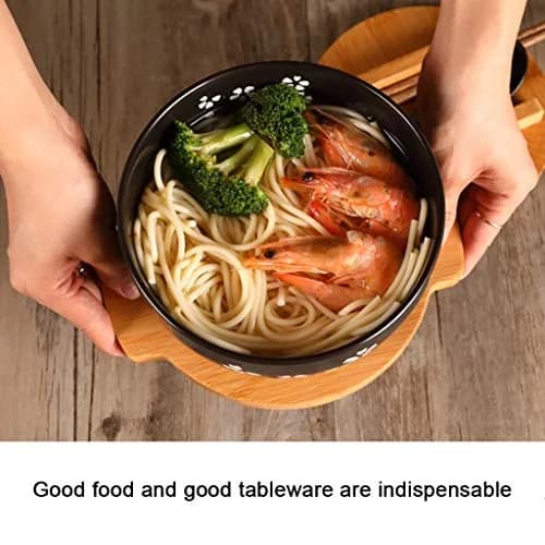 Cereal Bowls Japanese Ramen Noodle Bowl Set with Lid, Spoon & Chopsticks - 1000ml (33.8 Fl Oz) - Black Cherry Pattern thumbnail 5