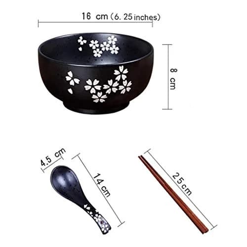 Cereal Bowls Japanese Ramen Noodle Bowl Set with Lid, Spoon & Chopsticks - 1000ml (33.8 Fl Oz) - Black Cherry Pattern thumbnail 6