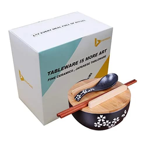 Cereal Bowls Japanese Ramen Noodle Bowl Set with Lid, Spoon & Chopsticks - 1000ml (33.8 Fl Oz) - Black Cherry Pattern thumbnail 7