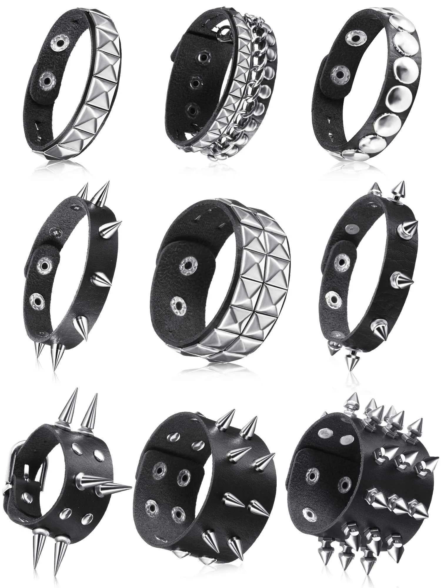 Hicarer 9 Pcs Punk Leather Bracelets Set | Spiked Studded Cuff Bangles for Men & Women