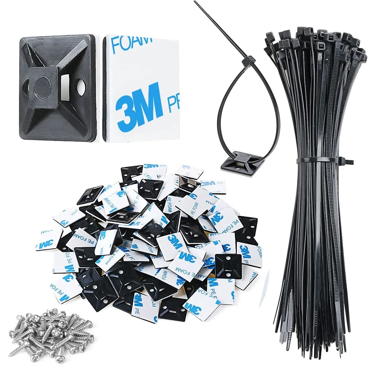 XHF Black Cable Tie Mounts with Zip Ties & Screws | 100pcs Mounts, 100pcs 8" Zip Ties, 100pcs Screws - main product image