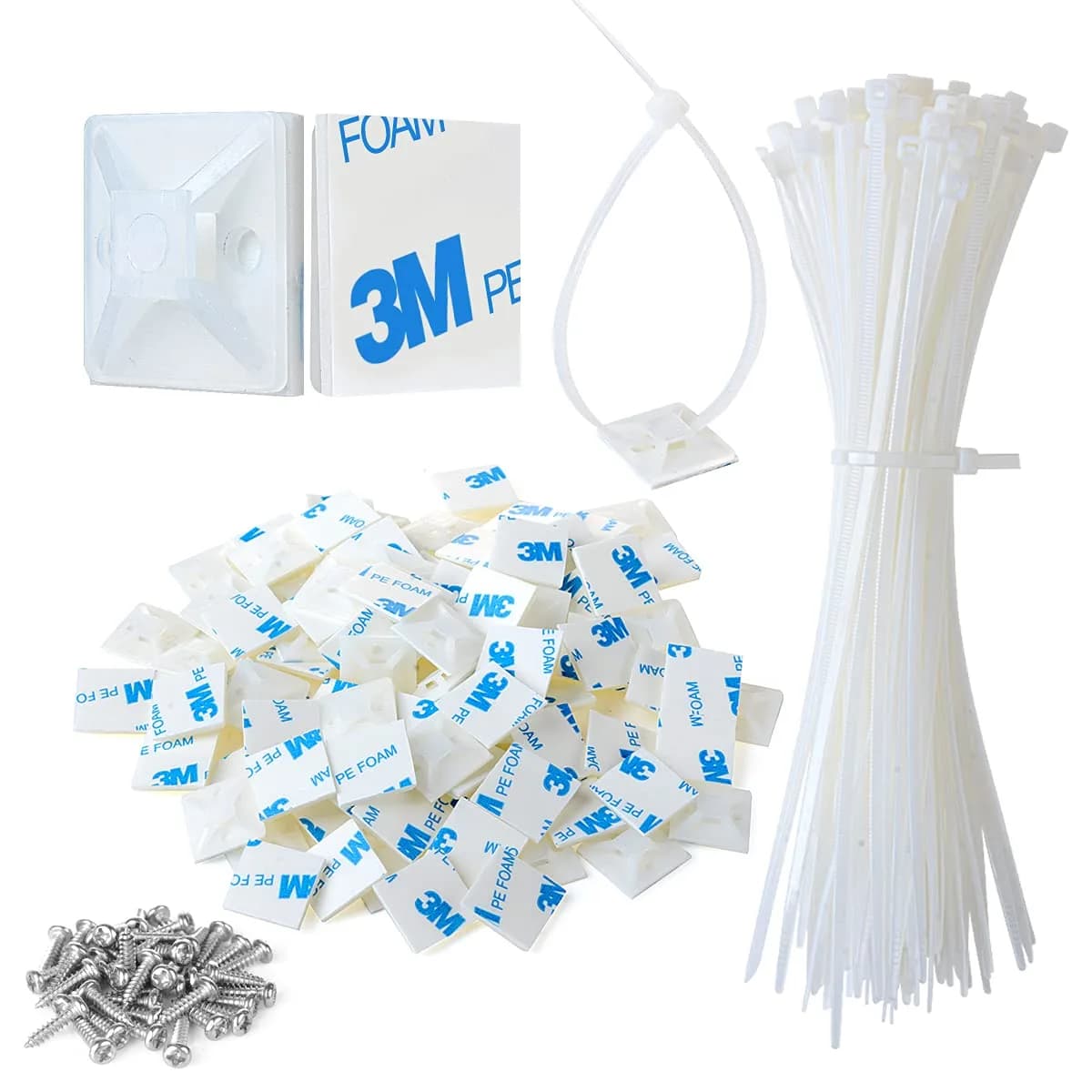 XHF White 100pcs Cable Tie Mounts with 8" Ties | Strong Adhesive Cable Management for Home & Office