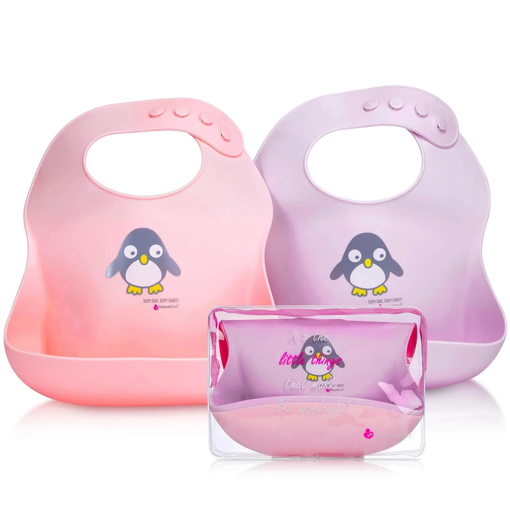 NatureBond Waterproof Baby Bibs Set of 2 with Pouch | Food Grade Silicone Weaning Bibs for Babies & Toddlers — Cotton Candy Pink & Macaron Lavender