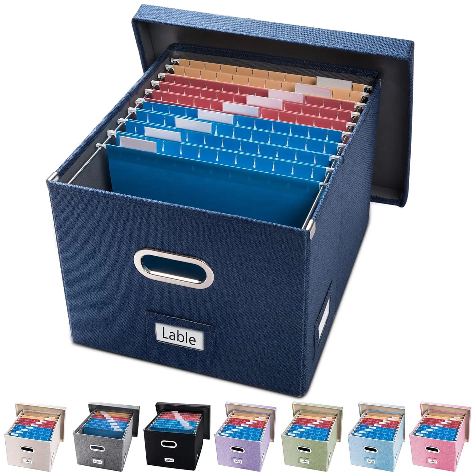 PRANDOM Decorative Linen File Organizer Box with Lid, 39L (17x14x11.2 inch) | Collapsible & Stackable for Letter/Legal Size Files — Navy / without folders