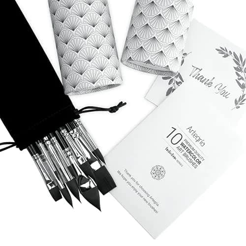 ARTEGRIA Watercolor Brush Set, 10 Soft Synthetic Squirrel Brushes with Dagger, Oval Wash, Flats & Rounds | Professional Grade, Pointed Rounds, Flats, Dagger and Oval Wash (Cat's Tongue) thumbnail 7