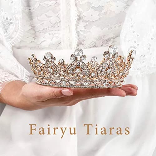 Foyte Gold Bridal Crown | Elegant Wedding Tiara with Rhinestones & Pearl (5.11 in) thumbnail 5