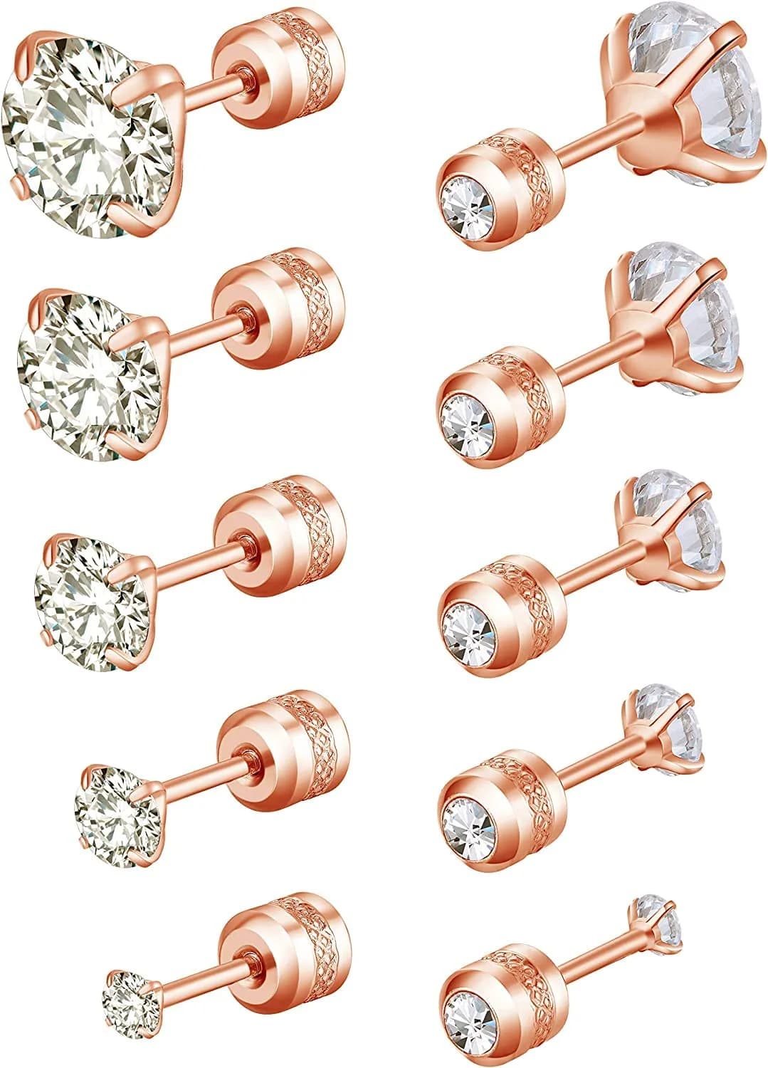 Comelyjewel 5 Pairs Stud Earrings Set 6mm | Hypoallergenic Stainless Steel CZ Studs — Rose Gold