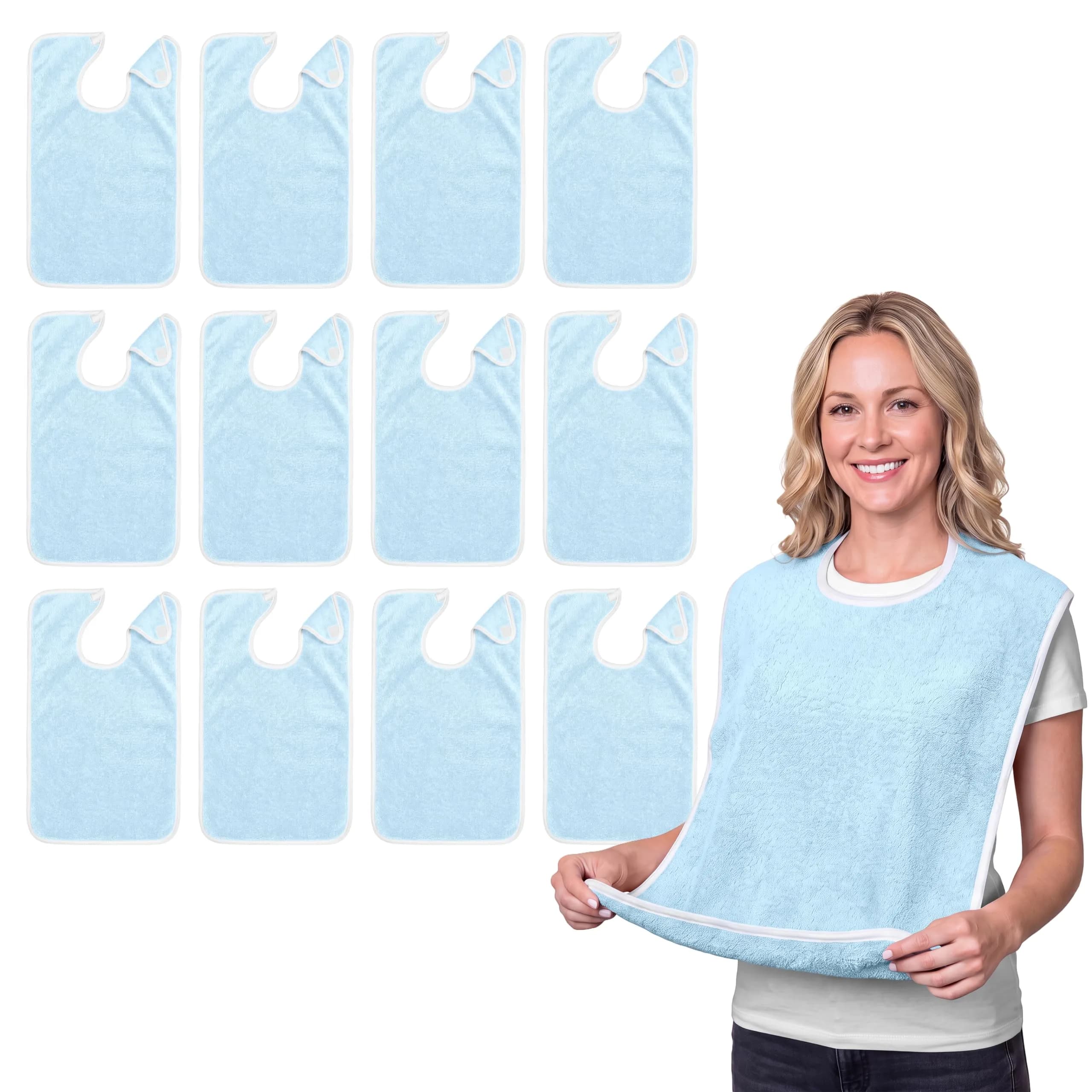 Avalon Towels Adult Terry Cloth Bibs for Eating, 18" x 30" (12-Pack, Blue) | Full Coverage Clothing Protectors