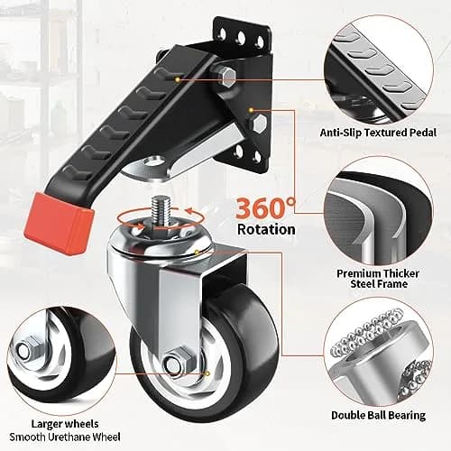 SPACEKEEPER Workbench Casters Kit 880 Lbs - 3 Inch Heavy Duty Retractable Caster for Workbenches & Machinery, 4 Pack | Durable Steel & Urethane Wheels thumbnail 3