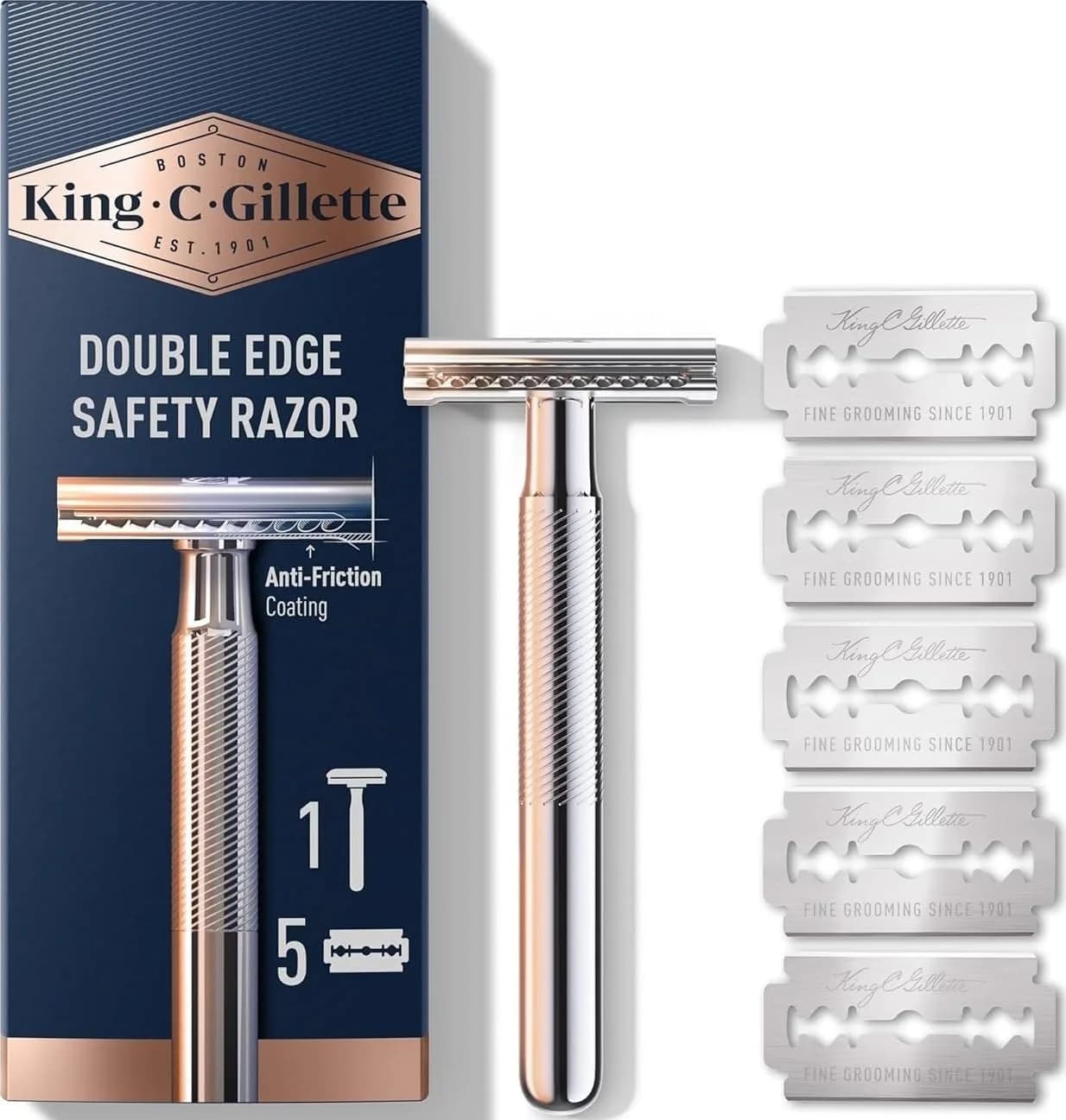 King C. Gillette Safety Razor with Chrome Plated Handle & 5 Platinum Blades | Classic Precision Shave - main product image