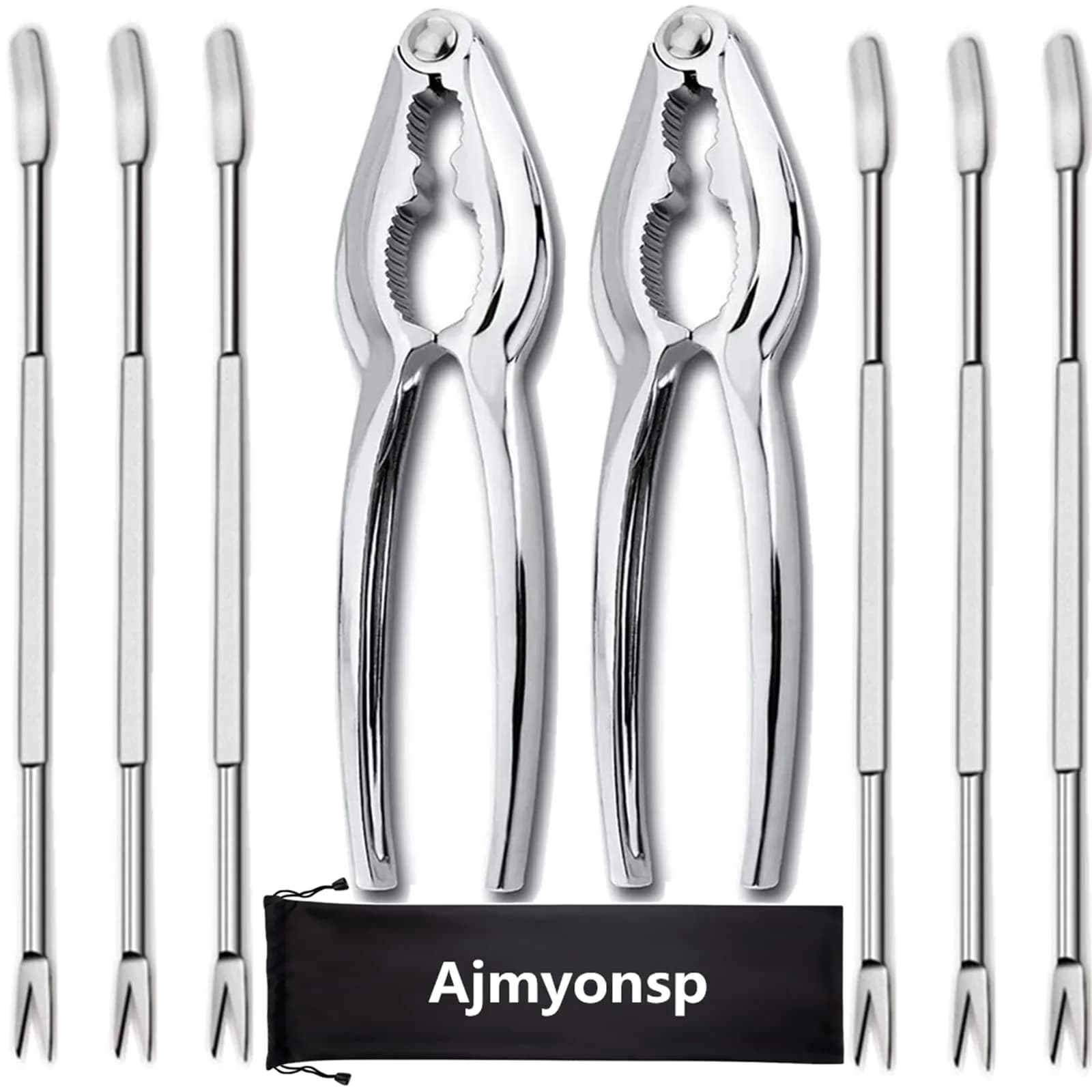 Ajmyonsp Seafood Crackers and Picks Set 8-Piece Stainless Steel & Zinc Alloy | Heavy Duty Nut Cracker & Lobster Tool Set
