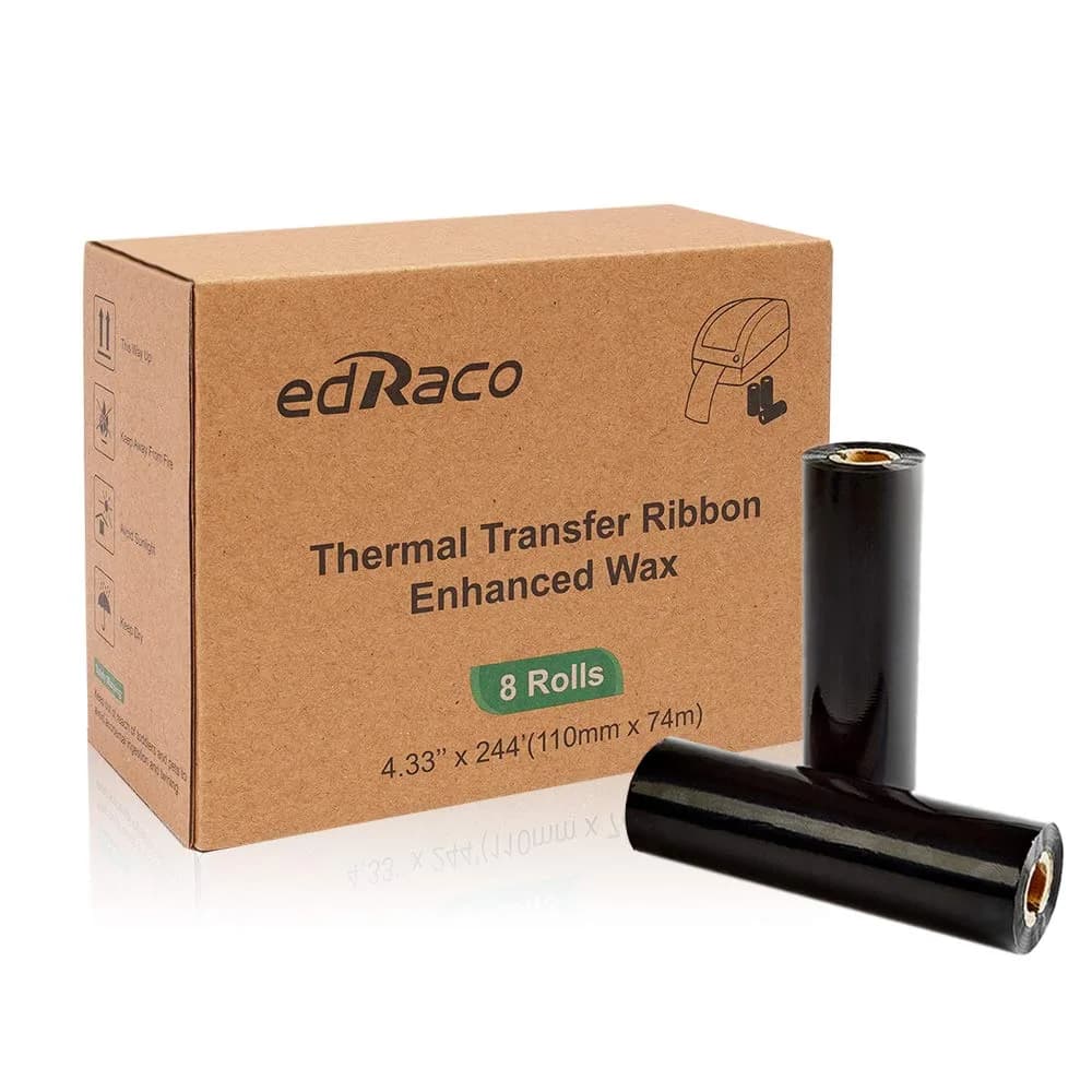 Edraco Enhanced Wax Thermal Transfer Ribbons 4.33" x 244' (110mm x 74m) - 8 Rolls | Bulk Pack for Zebra Desktop Printers - main product image