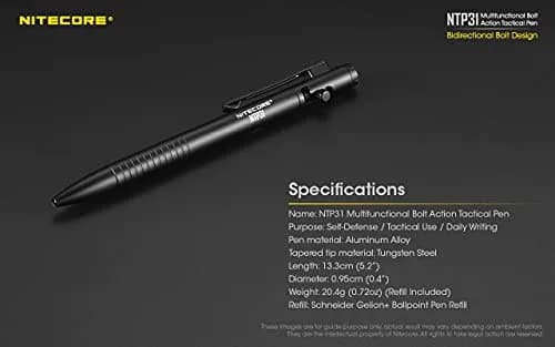 Nitecore NTP31 Bolt Action Tactical Pen with Tungsten Steel Glass Breaker & Schneider Gel Ink Refill, 13.2cm (5.2") | Smooth Writing & Emergency Tool thumbnail 7