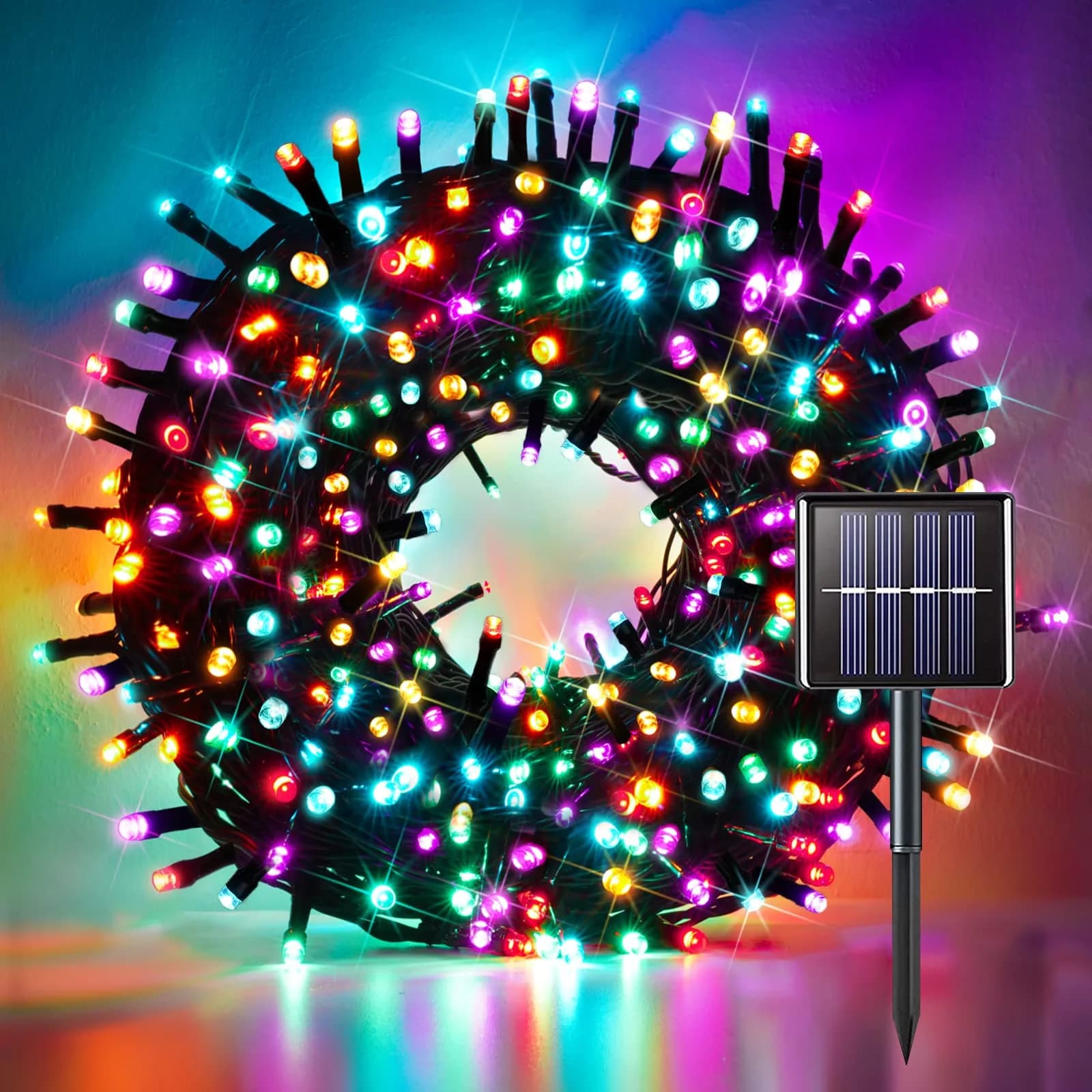 suddus 5 Colors Solar String Lights | Waterproof Outdoor Christmas Lights with 8 Modes, 100 LED, Multi Colored, 33Ft, Solar Powered - main product image