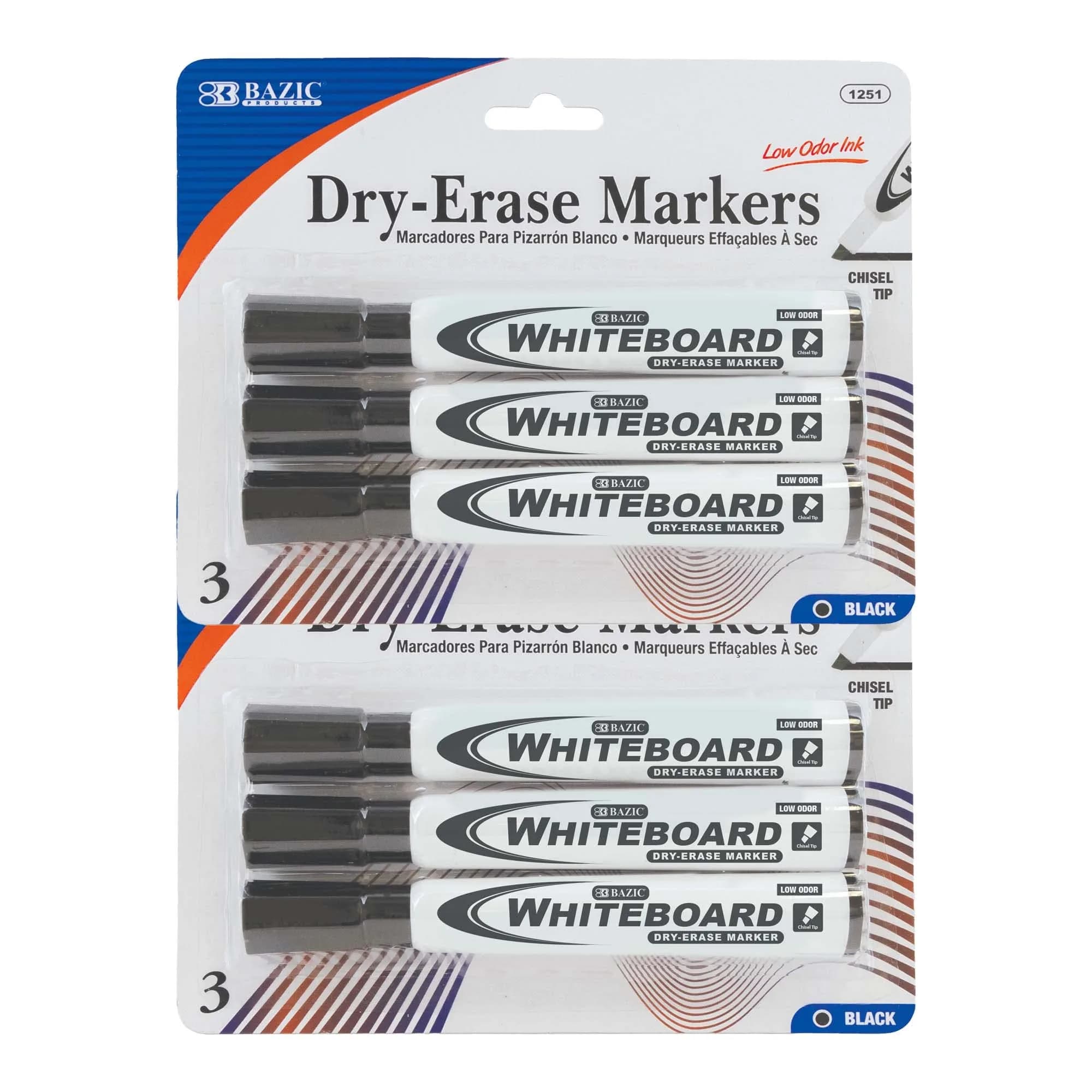 BAZIC PRODUCTS Black Chisel Tip Dry Erase Markers, Low-Odor, 3 Count | Writes Bold or Broad Lines on Whiteboards — Black