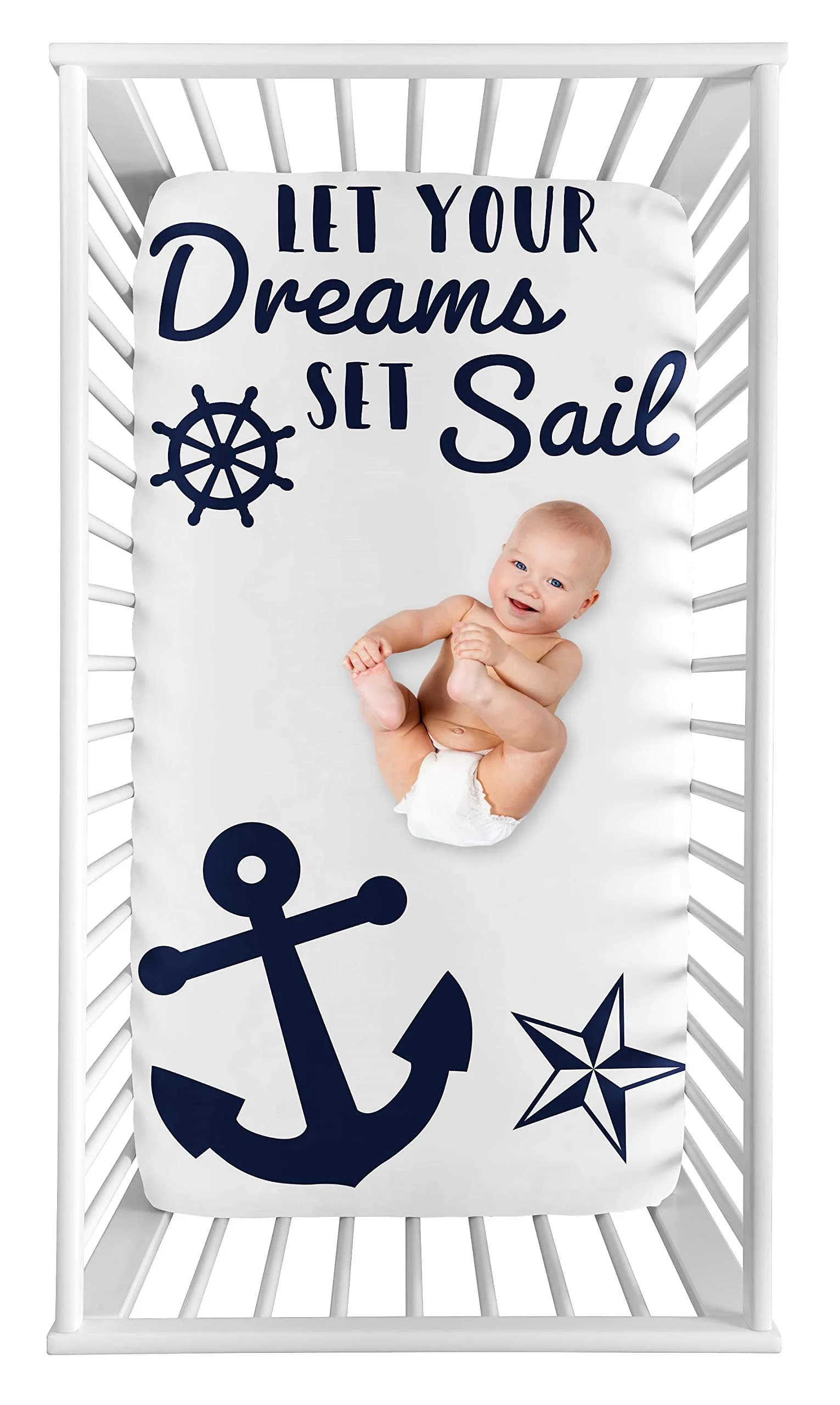 Sweet Jojo Designs Navy Blue White Anchors Fitted Crib Sheet 52x28 in | Nautical Ocean Sailboat Theme - main product image
