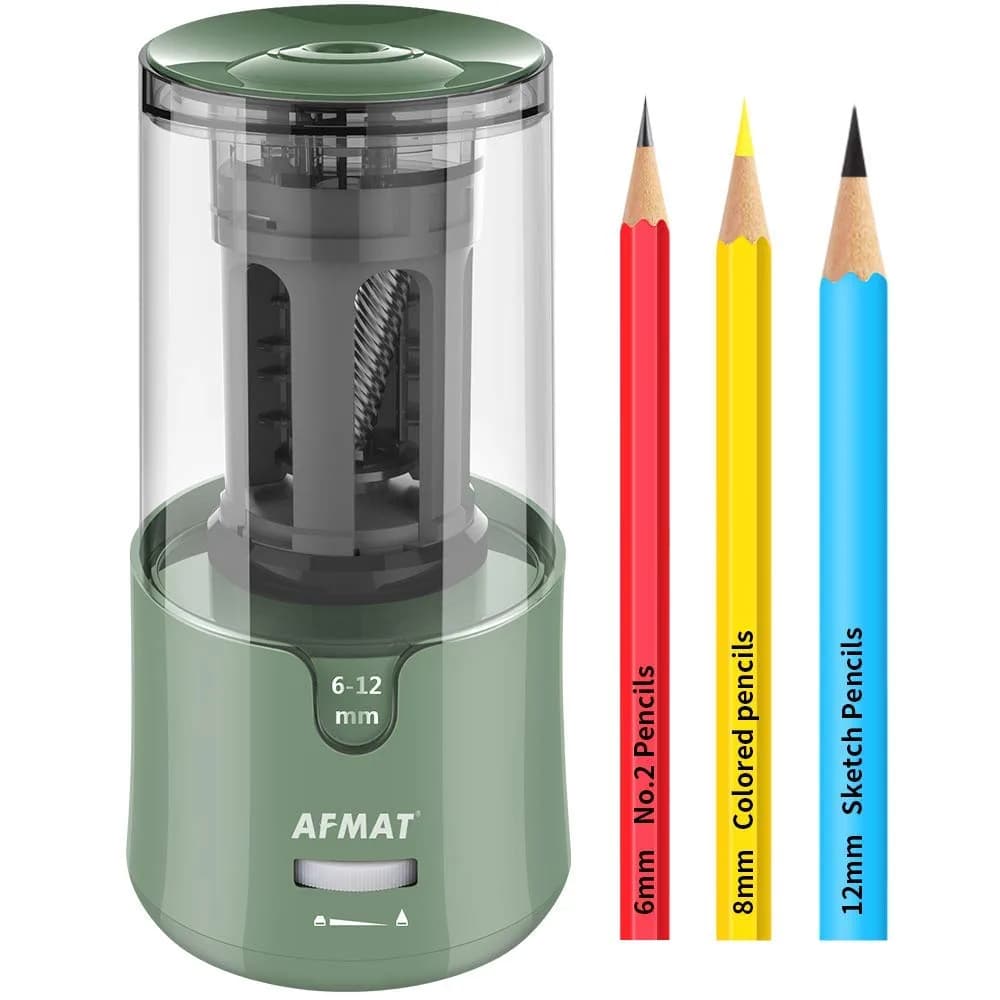 AFMAT Electric Pencil Sharpener Green | Auto Stop, Fast Sharpening, 6-12mm Pencils, Plug-in, 2 Sharpness Settings | 19cm (7.5in) — Green