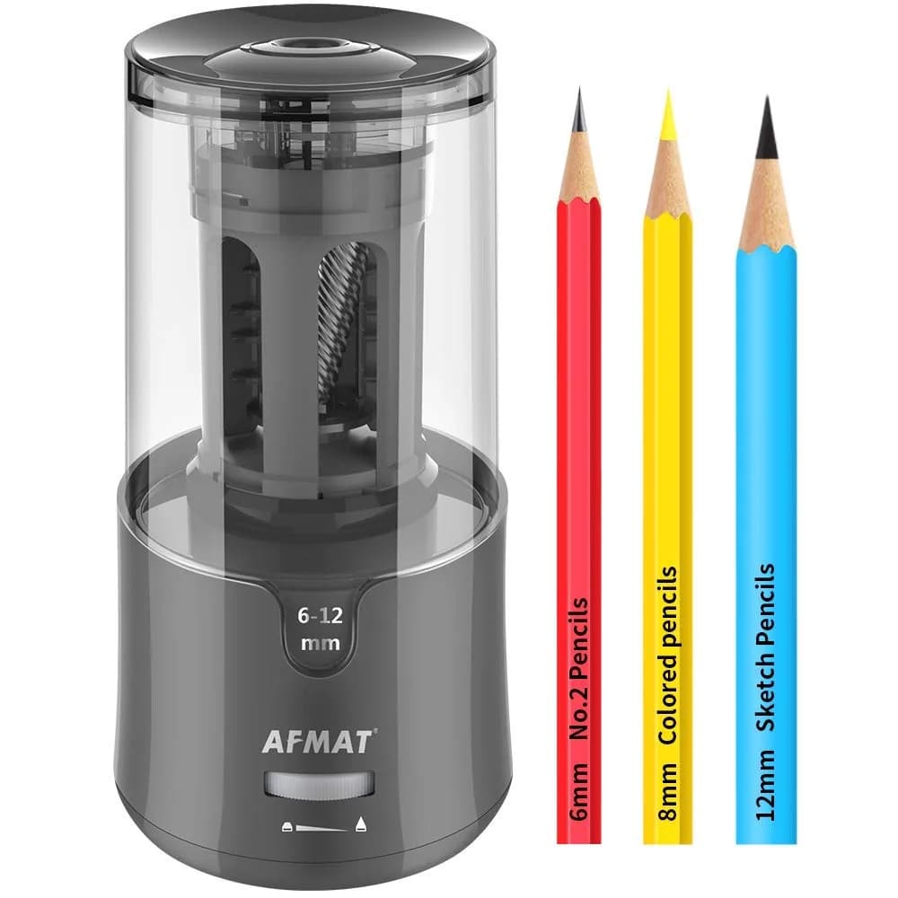 AFMAT Electric Pencil Sharpener Green | Auto Stop, Fast Sharpening, 6-12mm Pencils, Plug-in, 2 Sharpness Settings | 19cm (7.5in) — Gray