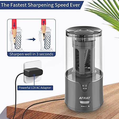 AFMAT Electric Pencil Sharpener, Heavy Duty for 6-12mm Pencils, Auto Stop, Fast & Sharp, Plug-in for Office/Home (Gray, 1 Unit) thumbnail 3