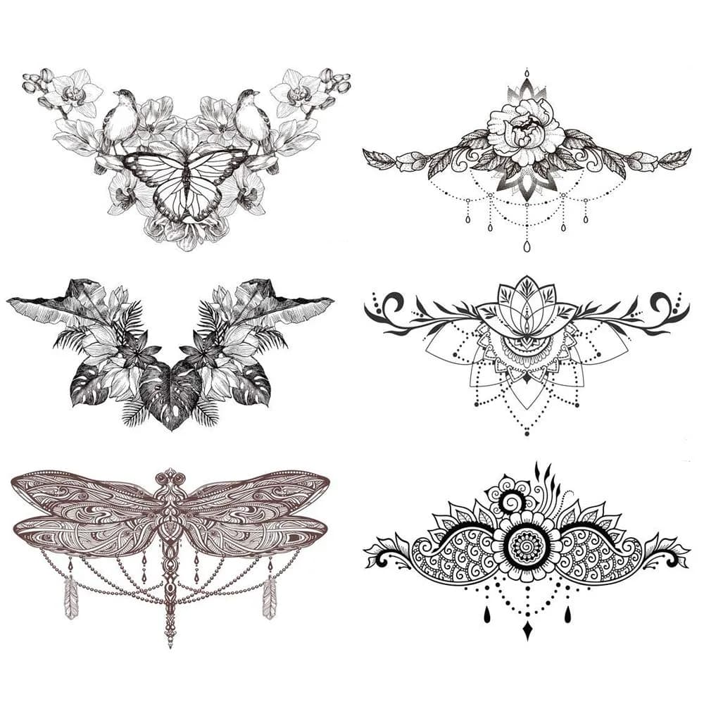 Glaryyears 3D Realistic Chest Underboob Temporary Tattoos for Women | Pack of 6 Large Waterproof Designs - main product image