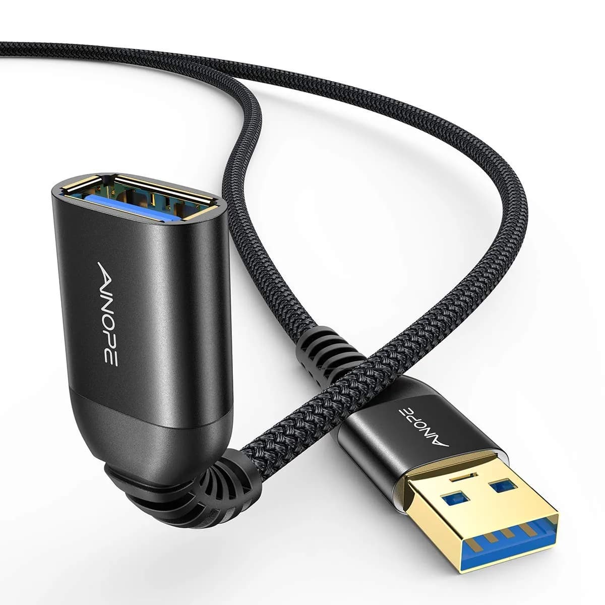 AINOPE 2 Pack USB 3.0 Extension Cable 2m (6.6ft) Black | High Speed Data Transfer & Charging — Black / 3.3FT+3.3FT