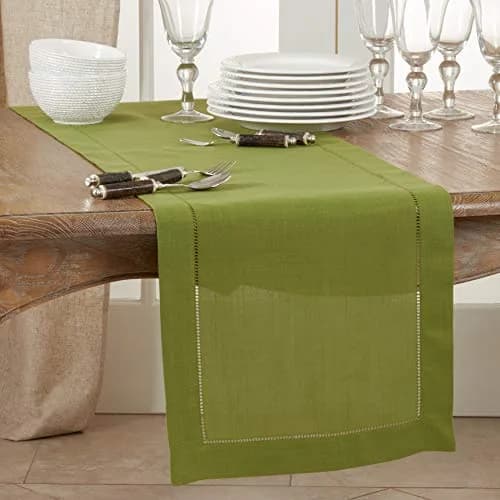 SARO LIFESTYLE Classic Hemstitch Table Runner 183 cm (72 in) Kiwi | Elegant Everyday Table Runner with Textured Fabric thumbnail 3