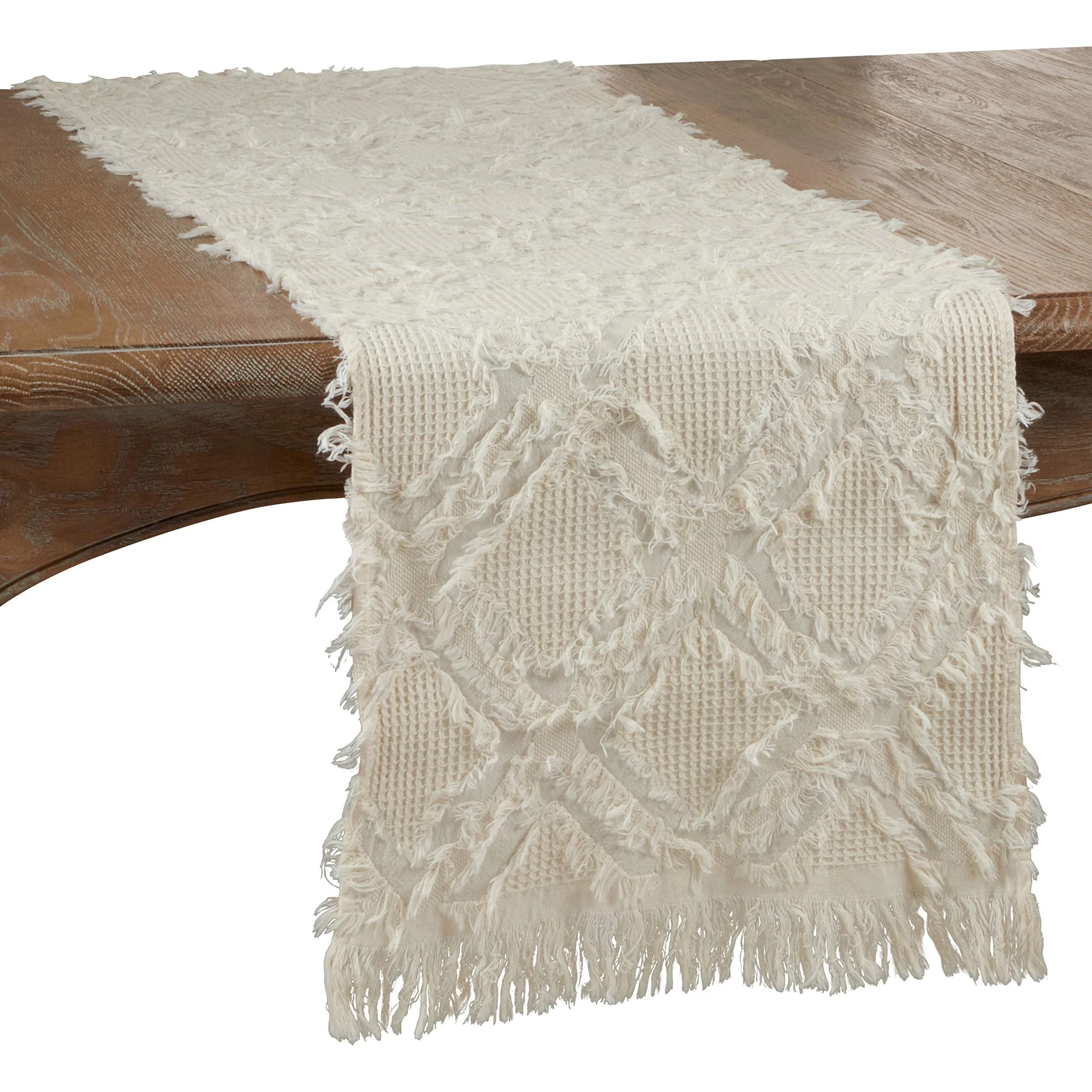 SARO LIFESTYLE Ivoryline Collection Fringe Waffle Weave Table Runner 16" x 72" | Elegant Cotton Decor - main product image